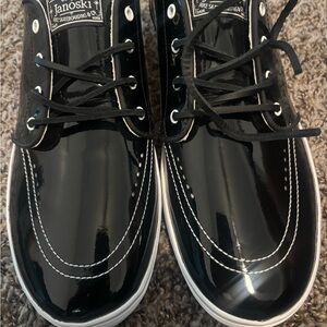 Nike Men’s Black Patent Leather Skate Sneakers with White Stitching